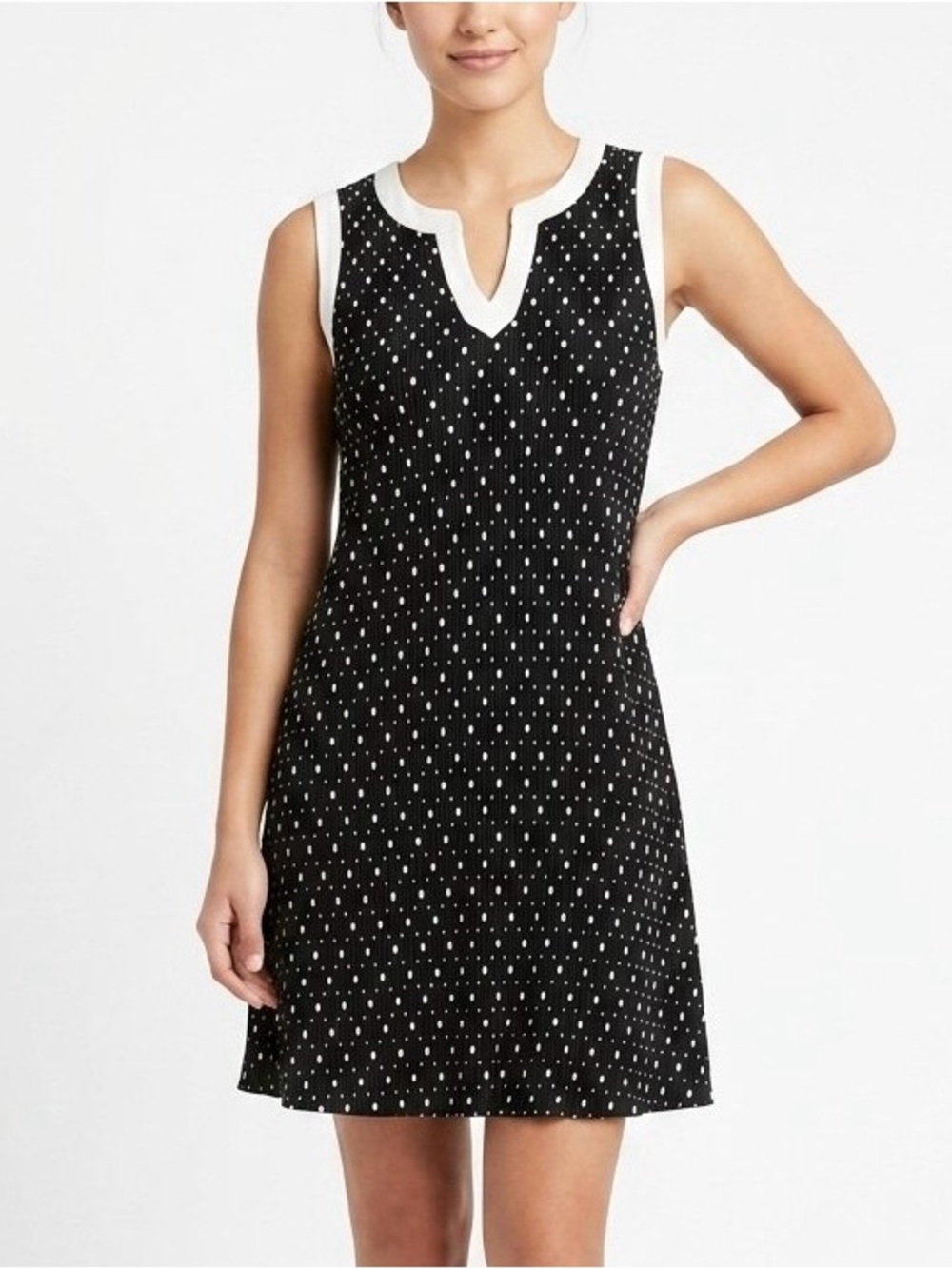Nina Leonard Sleeveless Colorblock Split-Neck Polka Dot A-Line Dress Size M